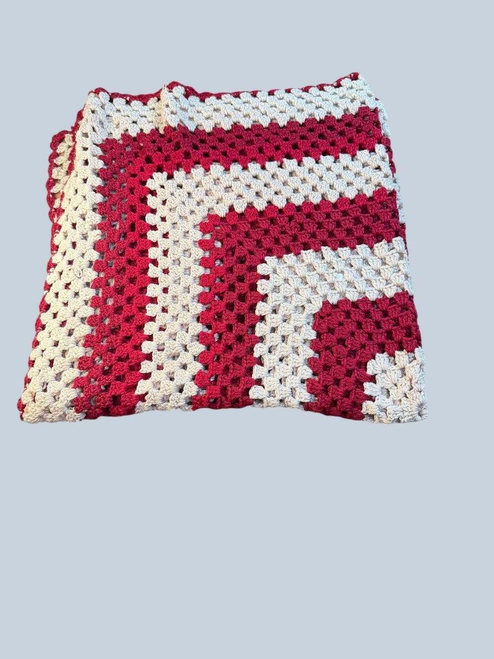 Vintage Maroon and Cream Granny Square Crochet Afghan Throw Blanket